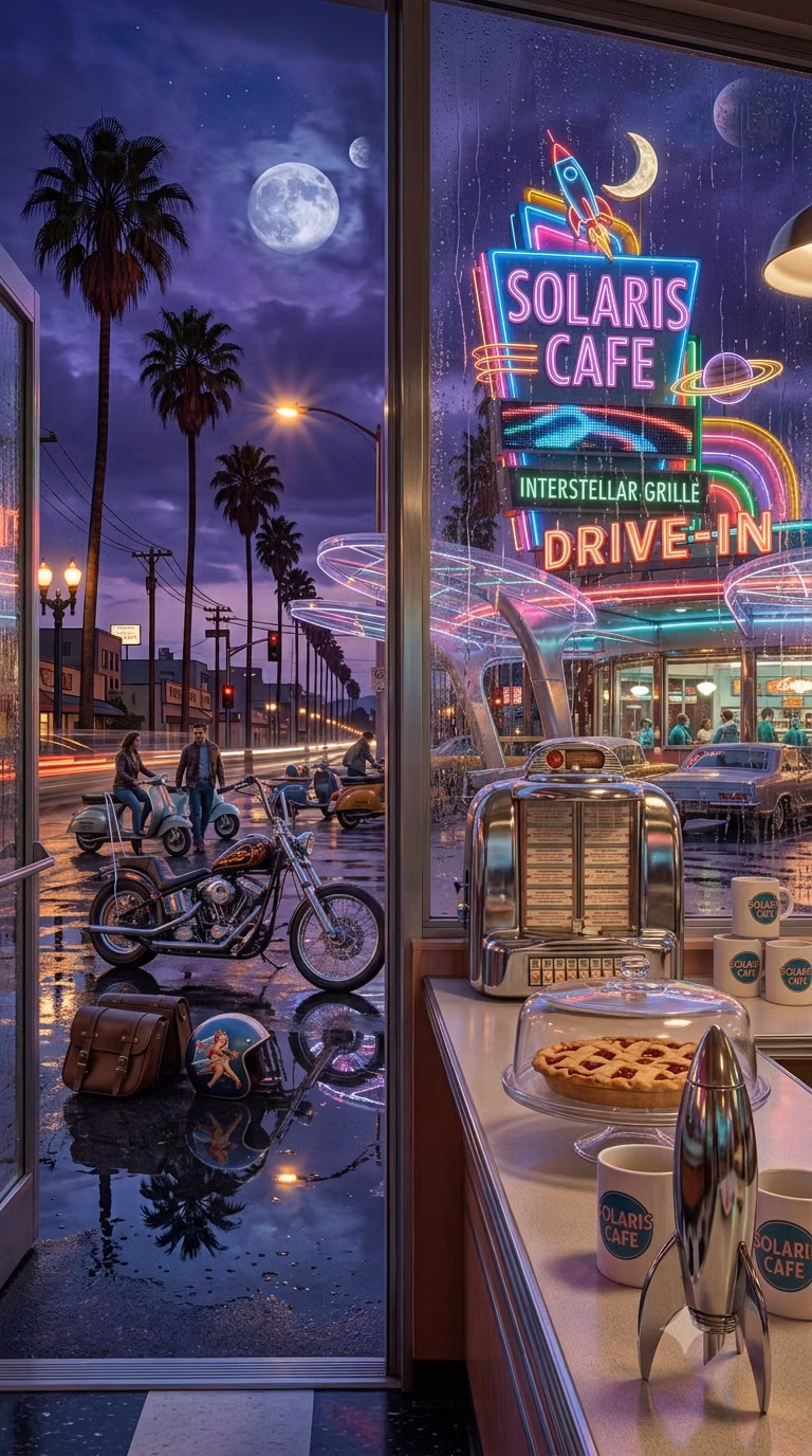 chrome jukebox diner photograph - A detailed, photorealistic photograph of the "SOLARIS CAFE" diner interior, looking out a large, rain-streaked window. The central focus is the interior countertop where vintage items sit, including a chrome sugar dispenser, a pie under a glass dome, and branded mugs. In the foreground pavement (outside the window), other vintage motorcycles (like a chopper) have replaced the cars. Through the glass, the complex "SOLARIS CAFE" neon sign remains the main light source, with the multiple moons and planets of the surreal sky visible. A classic chrome jukebox sits near the window.