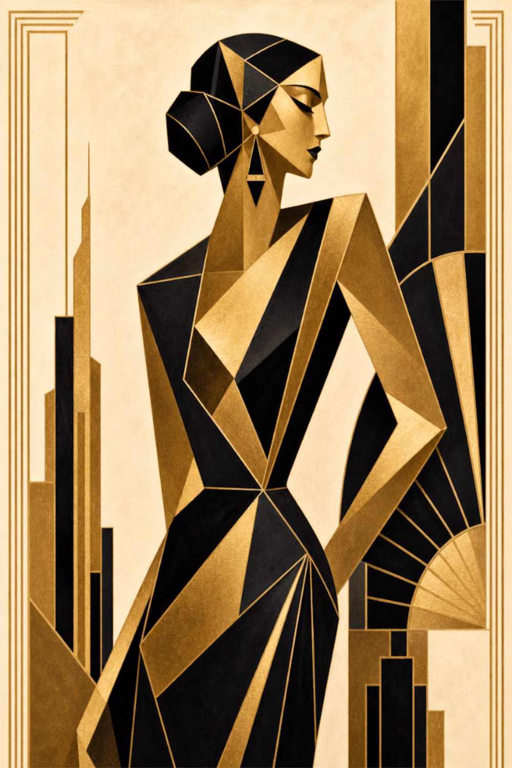 Art Deco aesthetic - Striking Art Deco poster — elegant geometric woman in gold and black with a city skyline. Bold cubist 1920s glamour for your walls. Perfect printable wall art for a Great Gatsby gallery wall, glam living room, bedroom, or office. Instant digital download in multiple sizes, print at home. Timeless Art Deco sophistication. More at DecoLuxeGallery on Etsy.