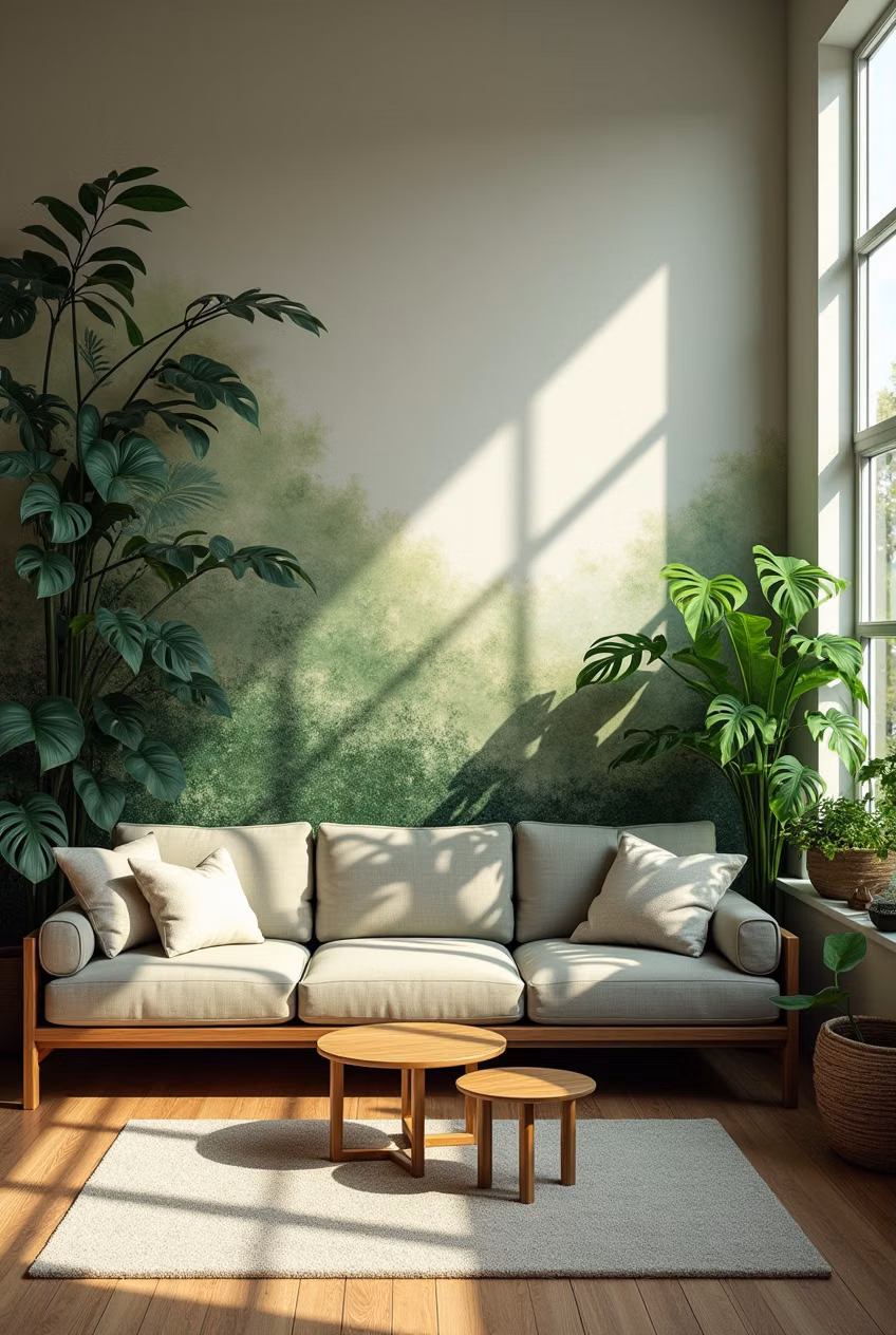 Biophilic Design aesthetic - "Learn how to incorporate biophilic principles into your home with natural light, greenery, and sustainable materials for a serene living space."