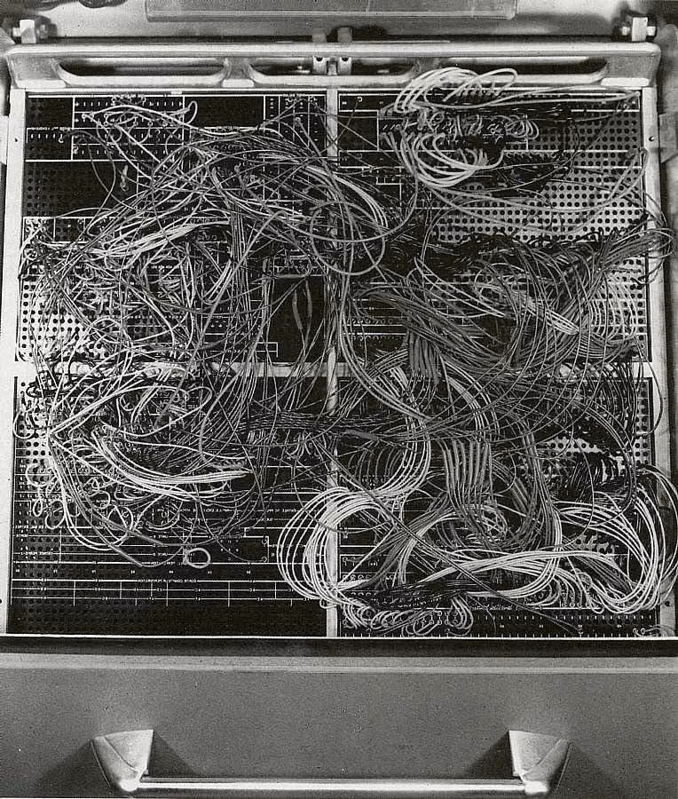 coiled vintage computer cables photograph - Plug-Board of an IBM 1401 Mainframe Computer, 1959