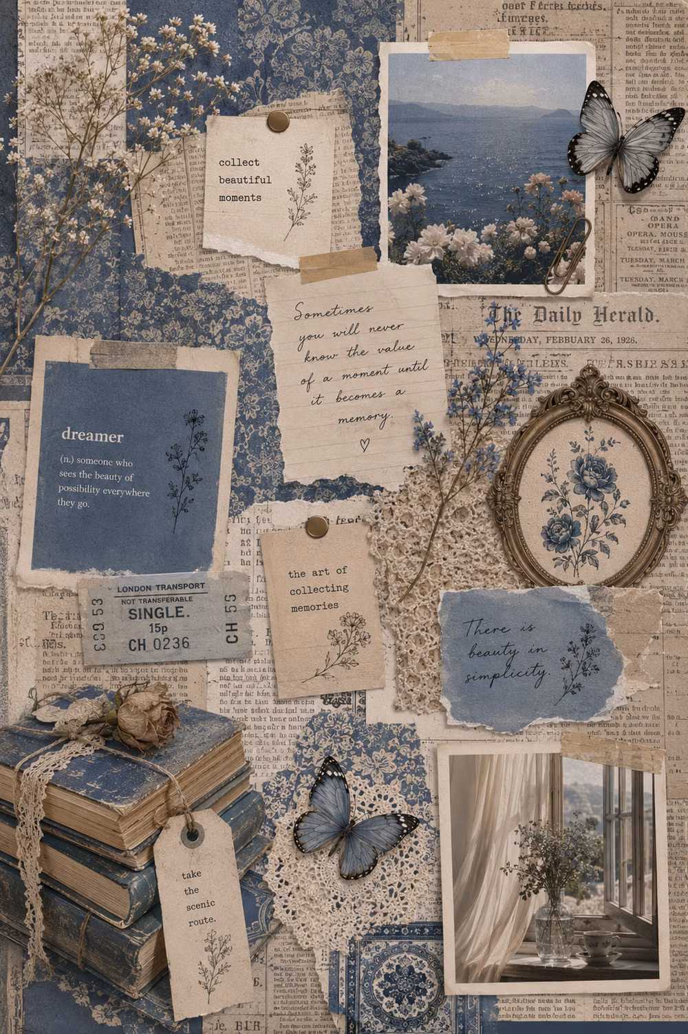Collage aesthetic - A dreamy vintage-inspired Pinterest collage featuring soft blue tones, antique newspaper textures, butterflies, dried flowers, old books, lace details, aesthetic quotes, and cozy nostalgic vibes. Perfect for mood boards, journaling inspiration, wallpaper ideas, scrapbook aesthetics, and soft girl vintage themes. ✨📖