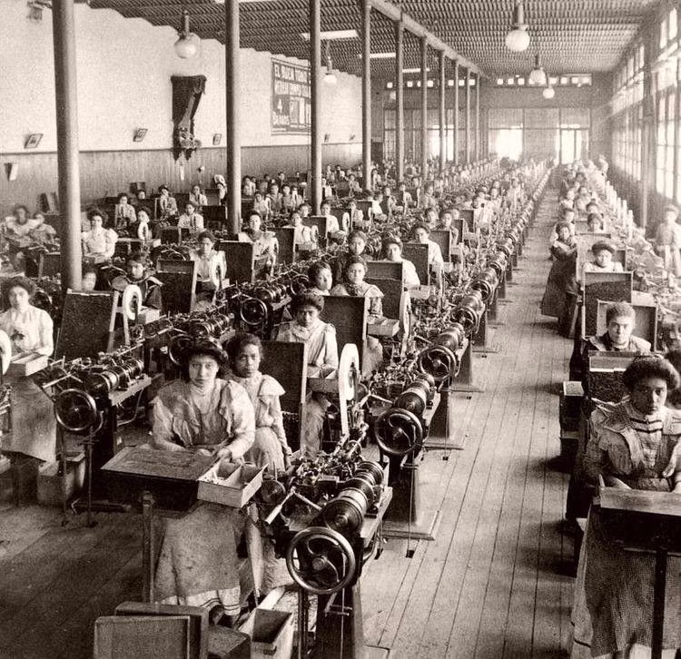 historic factory workers black white photograph -