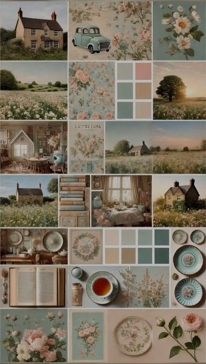 Cottagecore aesthetic - Elegant cottagecore collage with floral fields, vintage interiors, tea cups, books, and pastel botanical palettes. Perfect for calm countryside inspiration. 🌿