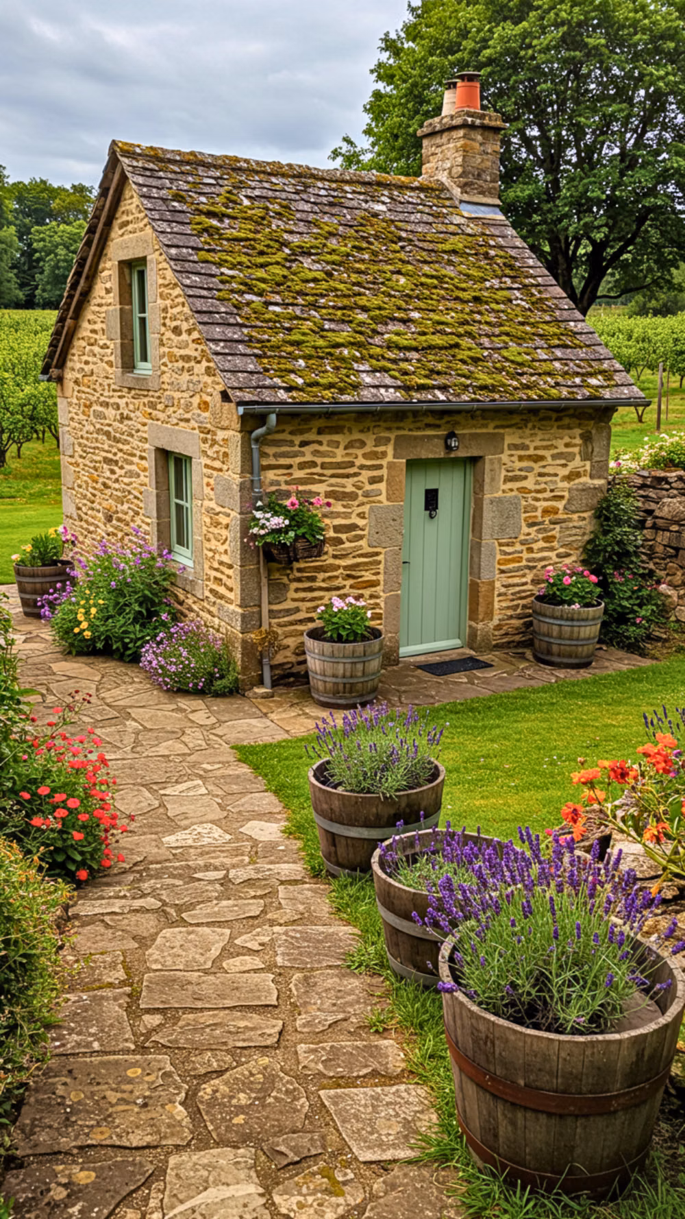 small stone cottage garden photograph - A charming stone cottage with a moss-covered roof, surrounded by a flower-filled garden. A stone path leads to the front door, flanked by wooden barrels filled with lavender. Beyond the cottage, a small orchard stretches into the distance
