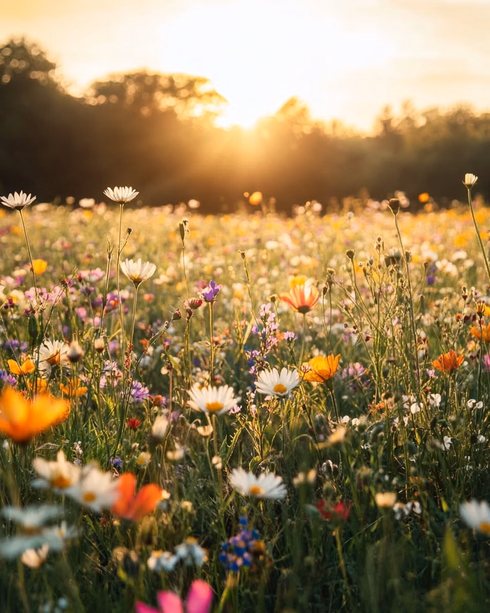 wildflower meadow warm sunlight photograph - Wildflower Field

A vast meadow filled with colorful wildflowers. Gentle wind moves the petals while sunlight creates a golden glow. The atmosphere is bright and peaceful.

#NatureBeauty #Wildflowers #SummerMood #LandscapePhotography #aigenerated