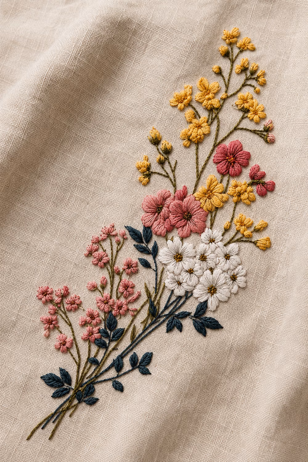 hand embroidery floral linen close up photograph - Botanical Embroidery Designs Book 3 is a digital PDF design archive featuring a curated collection of botanical embroidery motifs, floral line studies, leaf forms, decorative stems, borders, frames and broderie inspired textile patterns.  This book is designed as a visual reference for embroidery lovers, textile designers, makers, surface pattern artists and anyone looking for floral motif inspiration for fabric based projects.  Inside this digital book, you will find botanical inspired designs that may be used as creative references for hand embroidery, machine embroidery, broderie inspired work, linen napkins, table runners, kitchen towels, pillow covers, collars, necklines, blouse fronts, hoop art, fabric labels, keepsakes and decorative textile projects.
