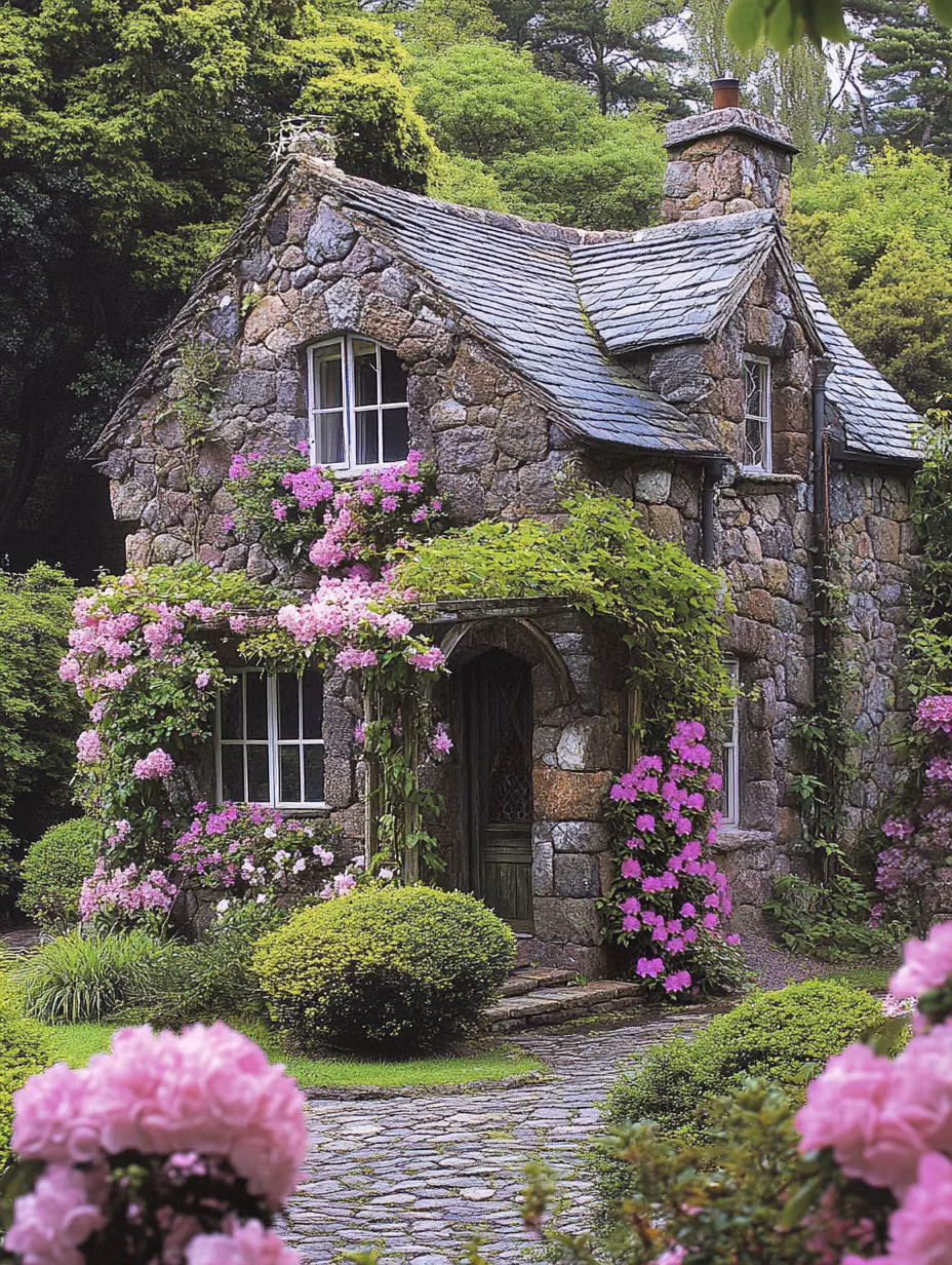 small stone cottage garden photograph - This picturesque stone cottage is adorned with vibrant pink flowers and lush greenery. Nestled among trees, the quaint structure features a slate roof and multiple windows that add to its charm. The cobblestone path leading to the entrance invites a sense of tranquility and charm, perfectly complementing the serene garden setting..  #stone cottage, #garden, #flowers, #quaint homes, #landscape, #outdoor beauty