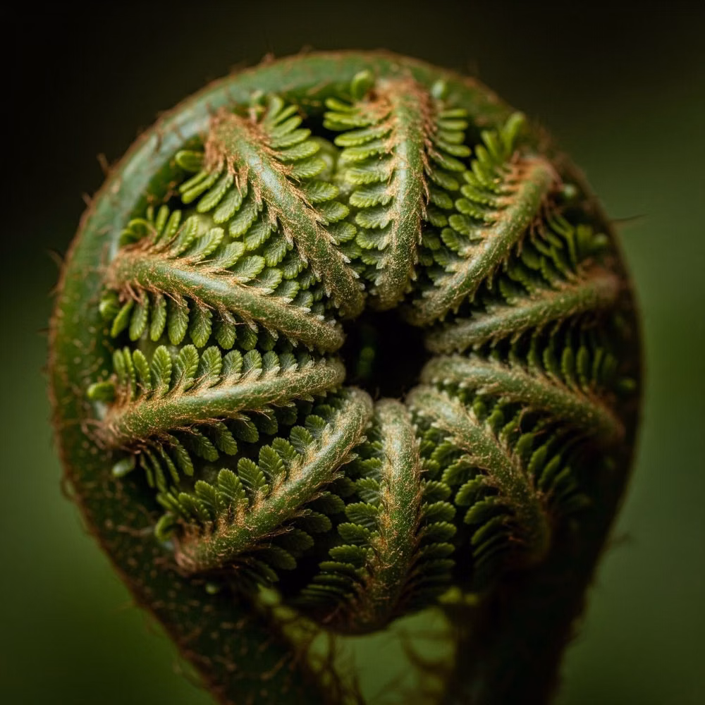 fractal fern spiral macro photograph - 🕸 Behold the fern's fiddlehead: a perfect, ancient spiral uncoiling into being.   This isn't just growth; it's a demonstration of universal patterns, a blueprint of how life organically expands from a concentrated point.   It makes you consider that true progress often involves patiently uncoiling, revealing layers, and trusting the inherent design within.   Where in your life are you recognizing your own perfect unfolding?   #FernFiddlehead #AncientGrowth #UnfoldingPotential #NaturePatterns ...