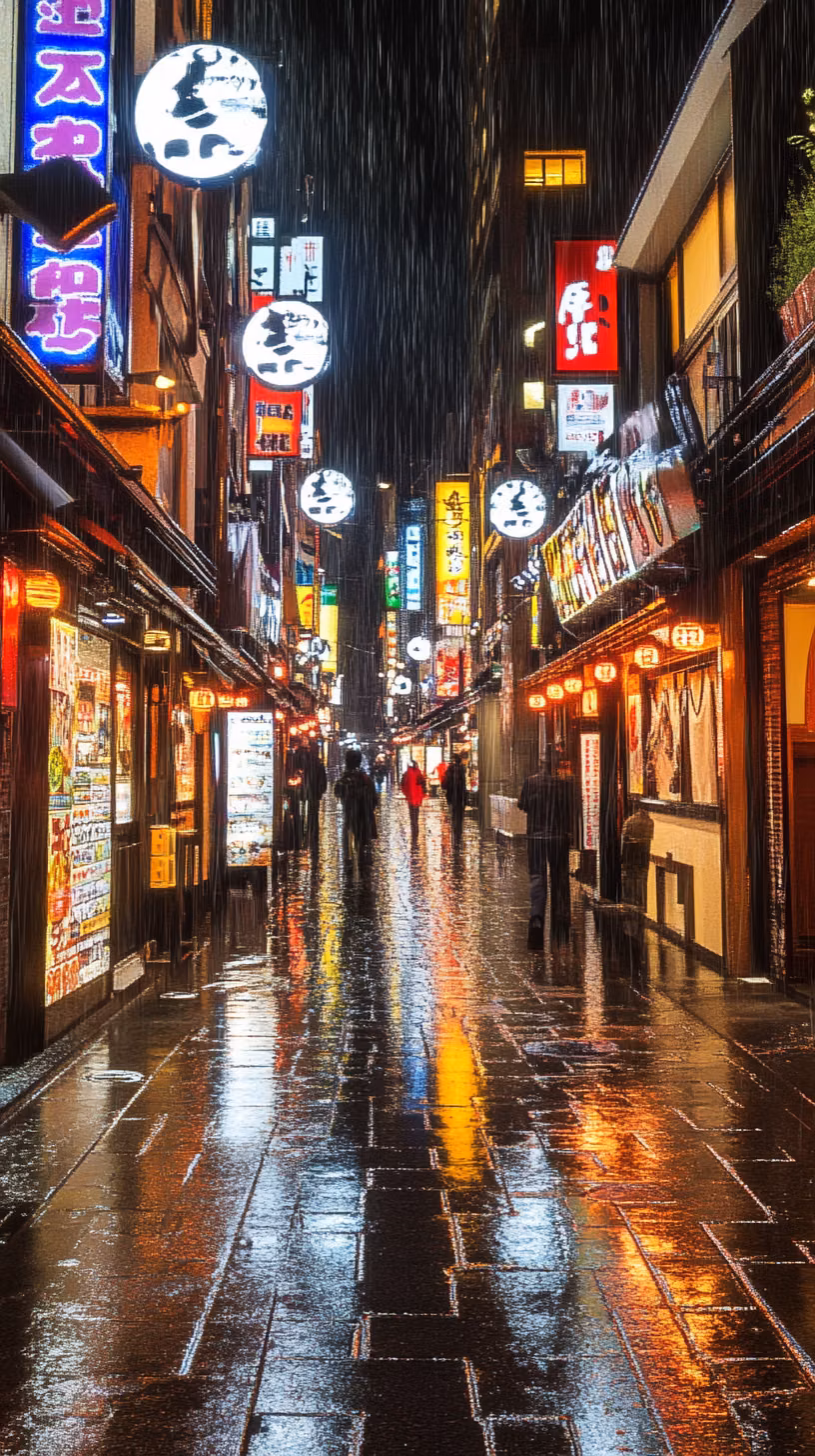 dense Japanese city signs rainy night photograph -