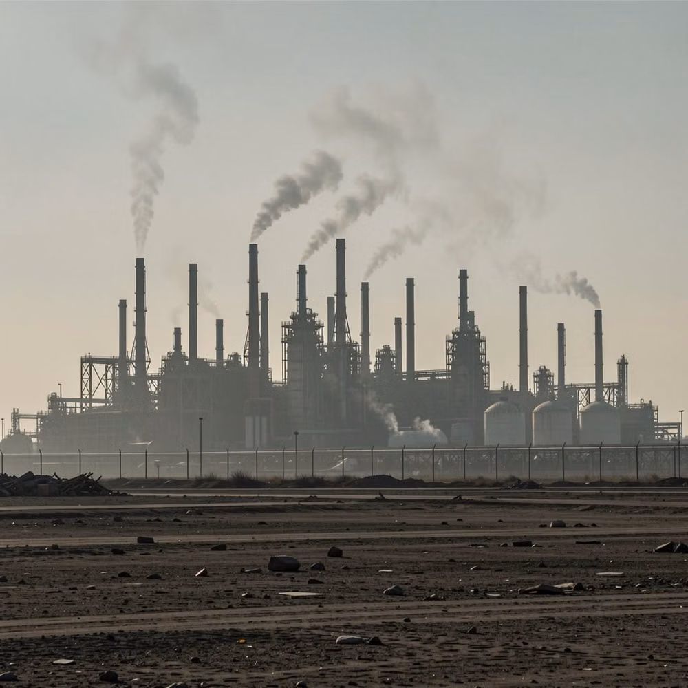 historic industrial factory smoke photograph - #aiart #нейросеть #digitalart #gvvenNeuroArt #картинки #завод #трубы Промт: A large industrial factory rises on the horizon, its skyline filled with numerous tall pipes and smokestacks. The structures form a dense silhouette against the sky, with layers of metal frameworks and tanks visible in the distance. Thin streams of smoke drift upward, spreading into the air. The foreground is flat and empty, with rough ground and scattered debris. Light from the sky creates muted contrasts across the scene. The atmosphere feels heavy, distant, and industrial, filled with scale, structure, and quiet tension.