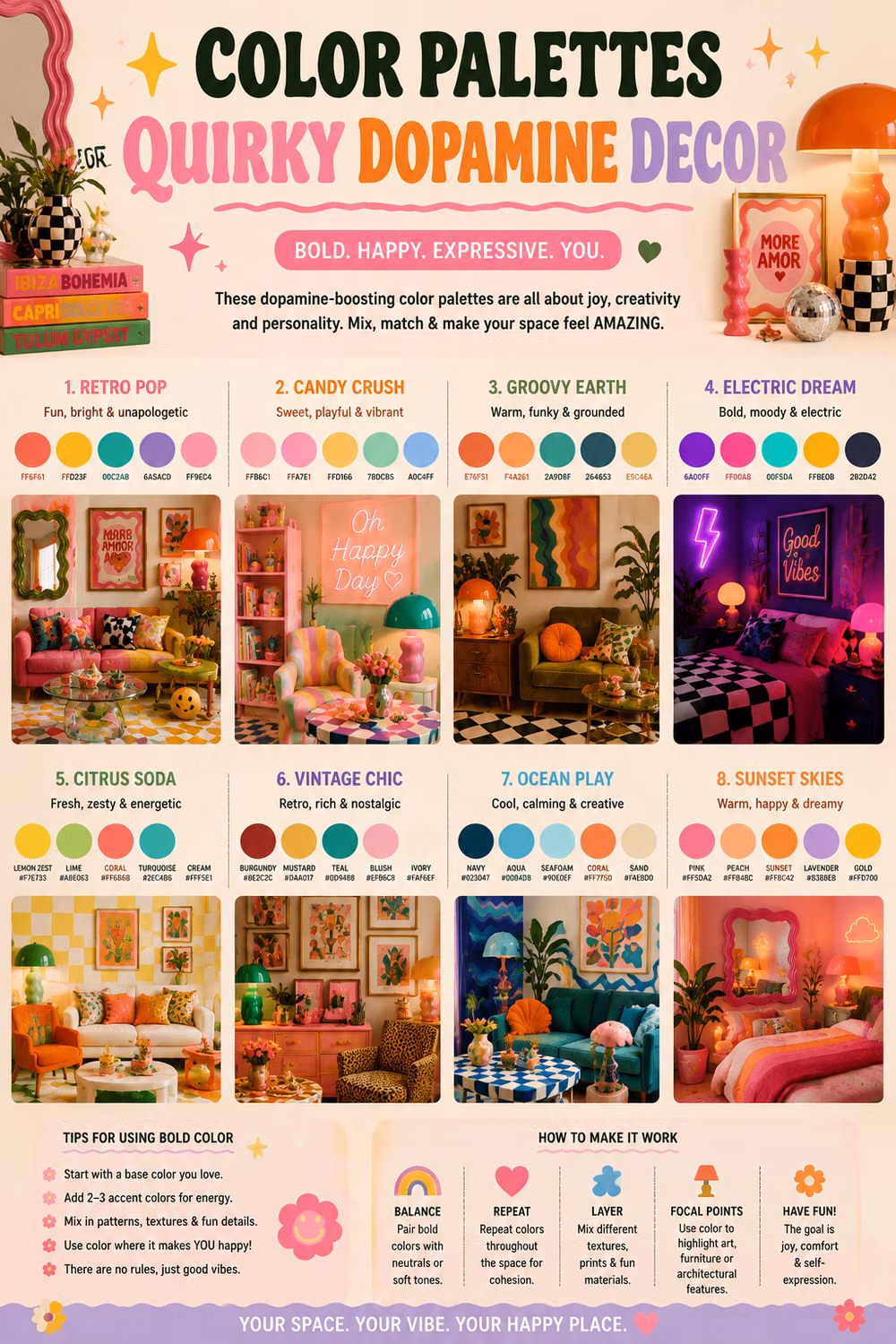 Dopamine Design aesthetic - Discover the ultimate quirky dopamine decor color palettes for creating bold, happy, personality-filled interiors. From retro pop colors and groovy earthy tones to playful pastel combinations and vibrant maximalist palettes, this infographic is packed with inspiration for colorful bedrooms, funky living rooms, eclectic apartments, and dopamine decor lovers. Perfect for anyone wanting a more fun, expressive, and Pinterest-worthy home.  Click the link for more Quirky inspiration  As an Amazon Associate I earn from qualifying purchases. This post contains affiliate links.