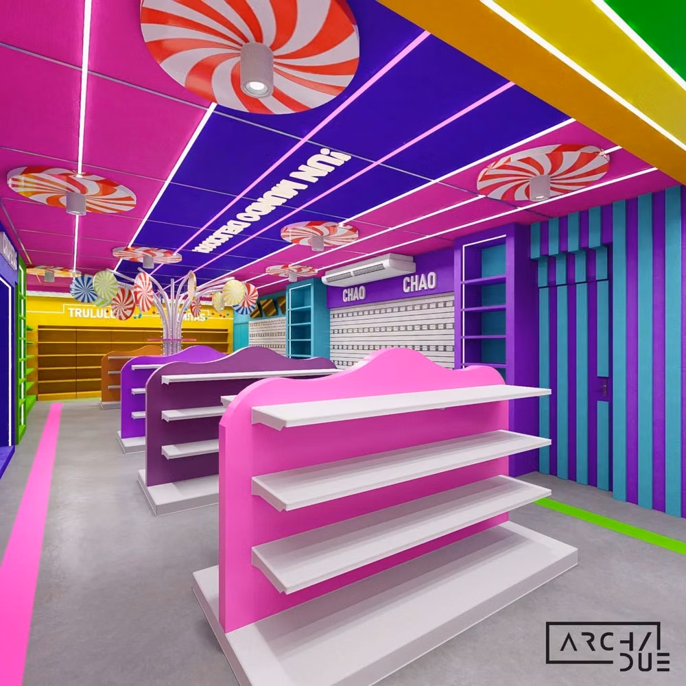 bright colorful candy store interior photograph - Lo volvimos hacer, llegamos para poner a todos de colores.  Propuesta de la segunda sede en Valencia Hiper Candy, ubicado en la Candelaria.  supermercado de la mano con la | Comercializadora Shaddai | ubicado en el área | Hiper Candy |.  En este proyecto se implemento una paleta de Colores inspirados en 🍬 caramelos y arcoiris.  - Renders. - Diseño de Interior. - Propuesta.  #architettidue #estilo #arquitectura #diseñointerior #diseñoenvenezuela #diseñoyconstrucción #moderno #remodelaciones #v...