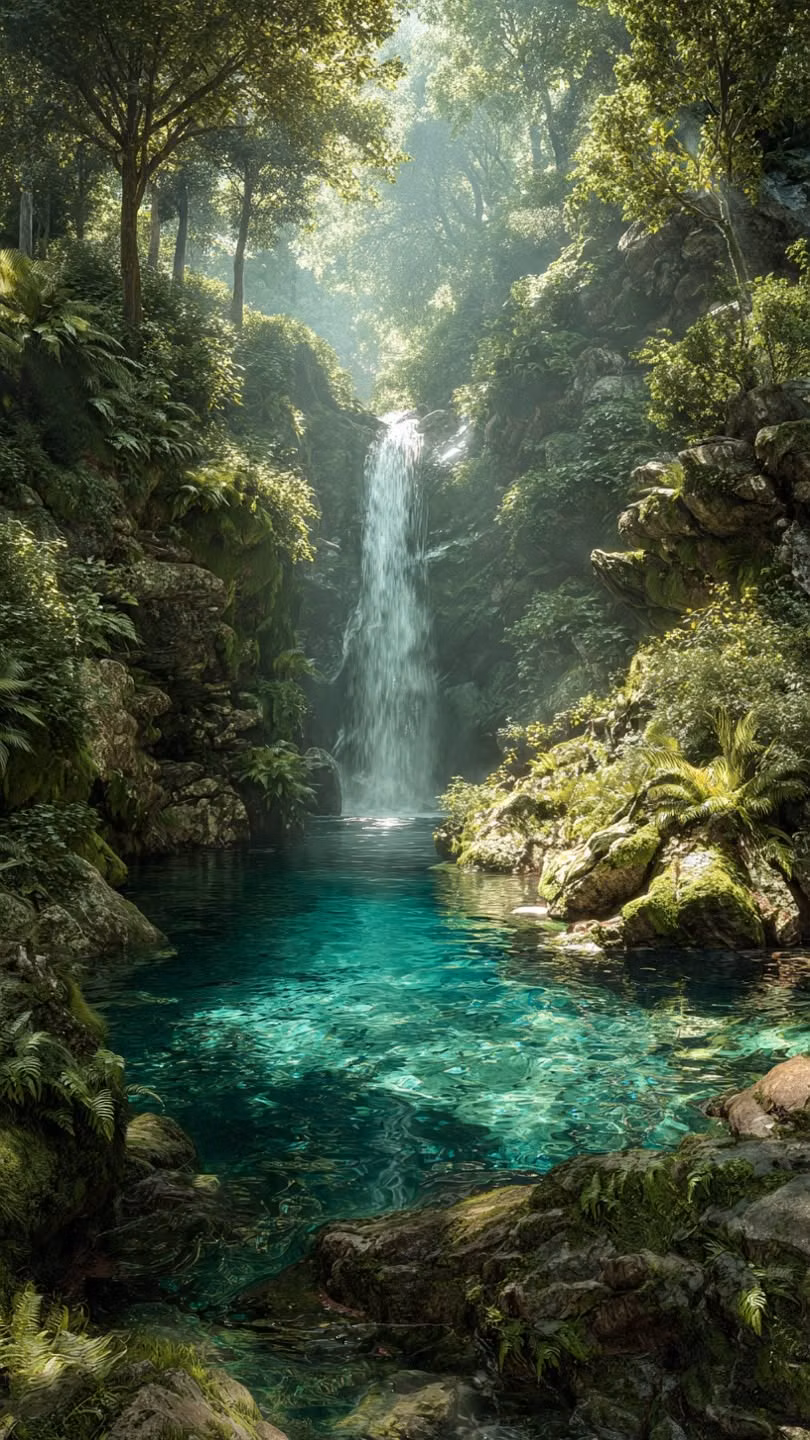 hidden forest waterfall mist photograph - Let the calming sounds of this hidden forest waterfall bring peace to your feed. 🌿 Water so clear you can see right through to the rocks beneath, surrounded by mossy cliffs and sunlit trees. A perfect slice of paradise  #AestheticWallpaper #HiddenWaterfall #NaturePhotography #JungleVibes #CrystalClearWater #TravelInspiration #GreenAesthetic #Wanderlust #PeacefulScenery #ForestEscape