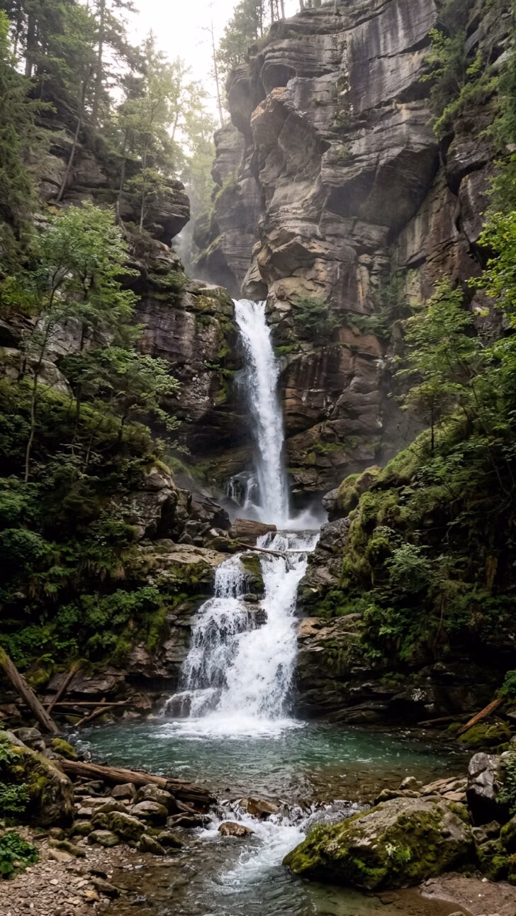 hidden forest waterfall mist photograph - Tucked deep within a lush forest canyon, this breathtaking waterfall cascades through moss-covered rocks into a crystal-clear pool below. A peaceful escape where nature's beauty, flowing water, and untouched wilderness come together in perfect harmony.  #Waterfalls #NaturePhotography #ForestWaterfall #ScenicViews #NatureLovers #LandscapePhotography #HiddenGems #EarthBeauty #ExploreNature #Wilderness #NATORA