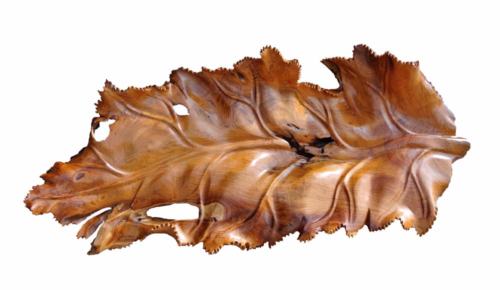 intricate hand carved wood leaf detail photograph - Hand Carved Tray, banana leaf motif teak root