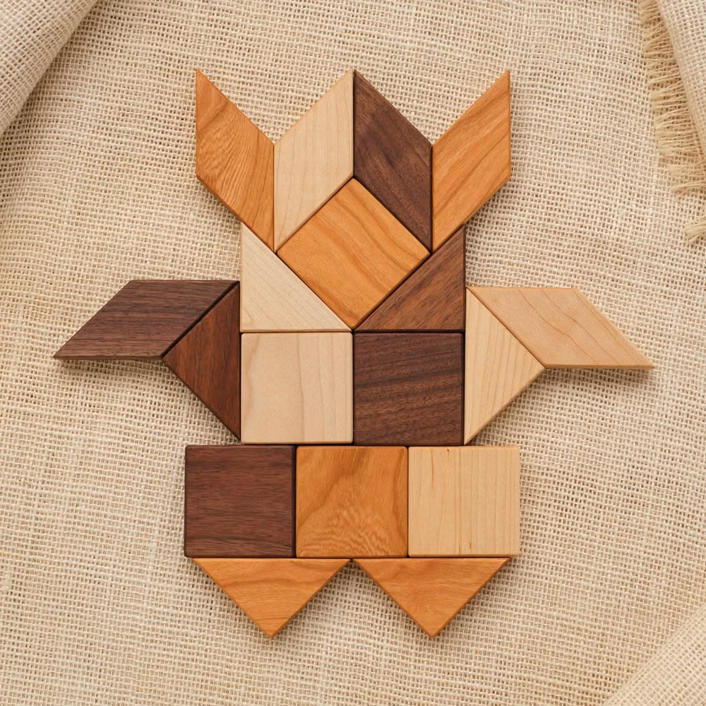 colored wooden tangram pieces overhead photograph -