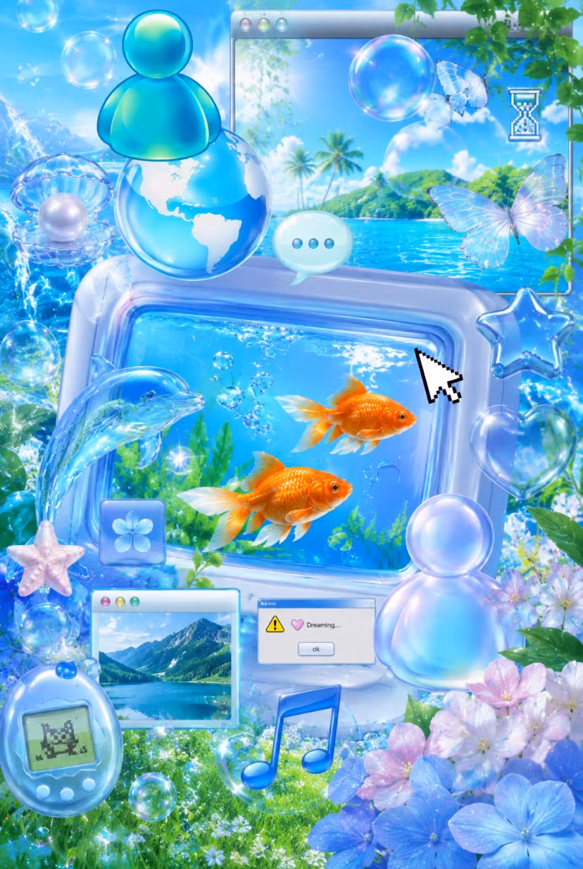 Frutiger Aero aesthetic - A nostalgic Frutiger Aero dream with glossy bubbles, ocean vibes, tropical nature, golden fish, retro tech elements and soft Fairycore details. Inspired by the iconic early 2000s aesthetic with a dreamy travel feeling and futuristic nature atmosphere. #frutigeraero #y2kaesthetic #dreamcore #aesthetic