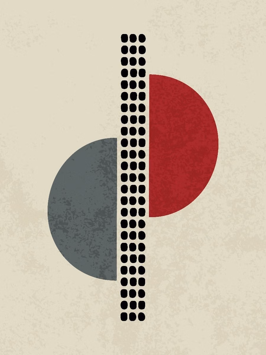 Geometric Abstract aesthetic - A minimalist geometric design with red and gray half-circles and a grid of black dots, perfect for modern and mid-century decor.