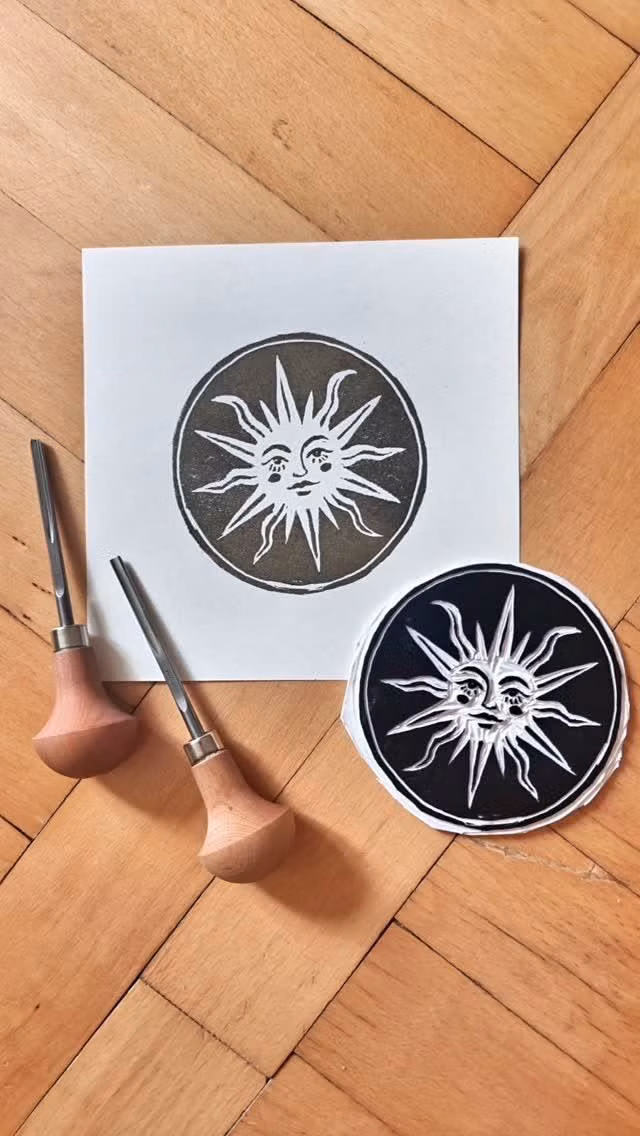hand carved woodcut sun print photograph - Celestial sun linocut 🌞 ✨  I've always been drawn to sun symbols and celestial motifs, so carving this sun face felt like the perfect project. Gold ink brought the whole design to life in exactly the way I imagined.  Hand-carved linocut print inspired by celestial art.  #linocut #linoprint #lino #artprocess #celestial