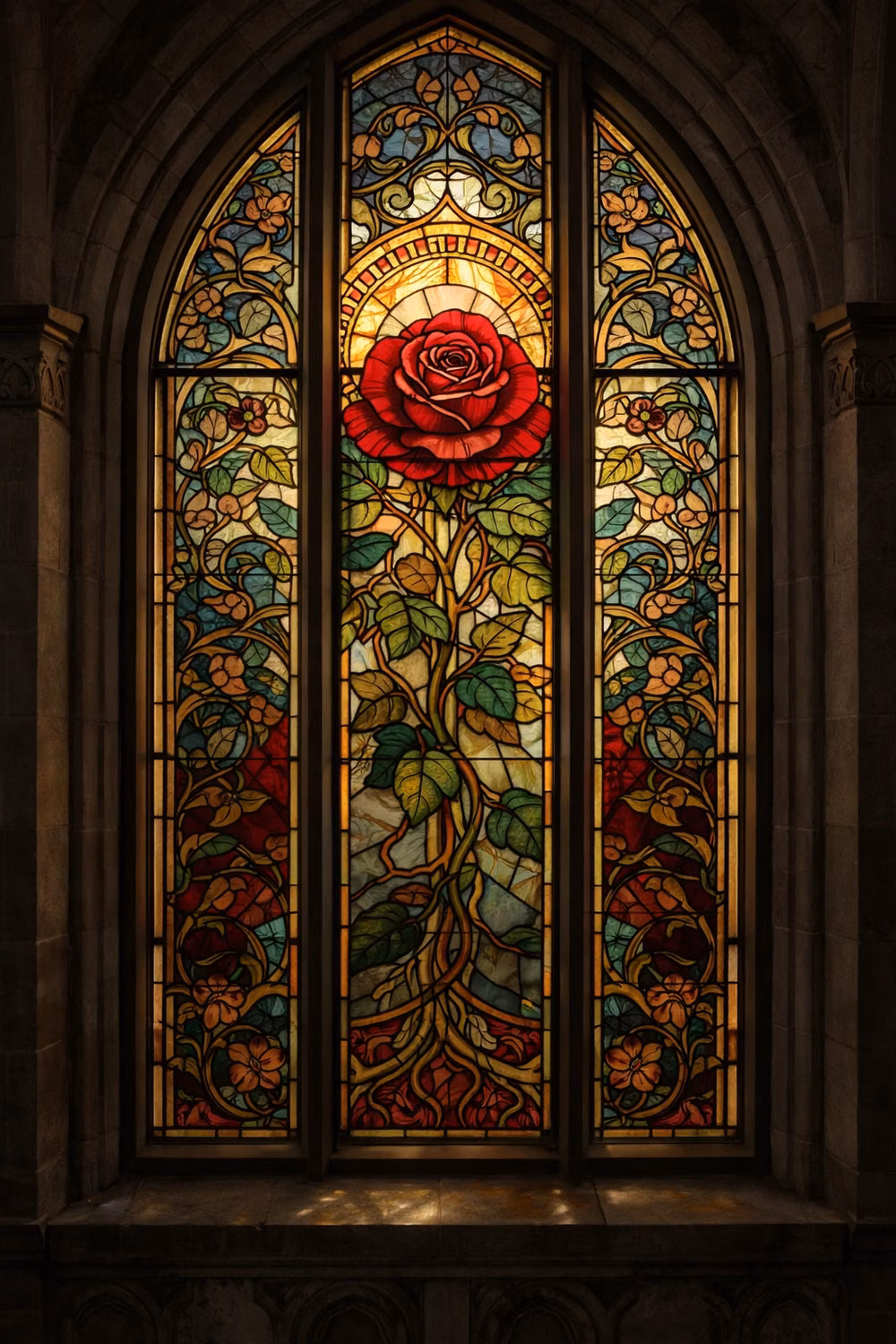 medieval stained glass window detail photograph - stained glass window of a rose