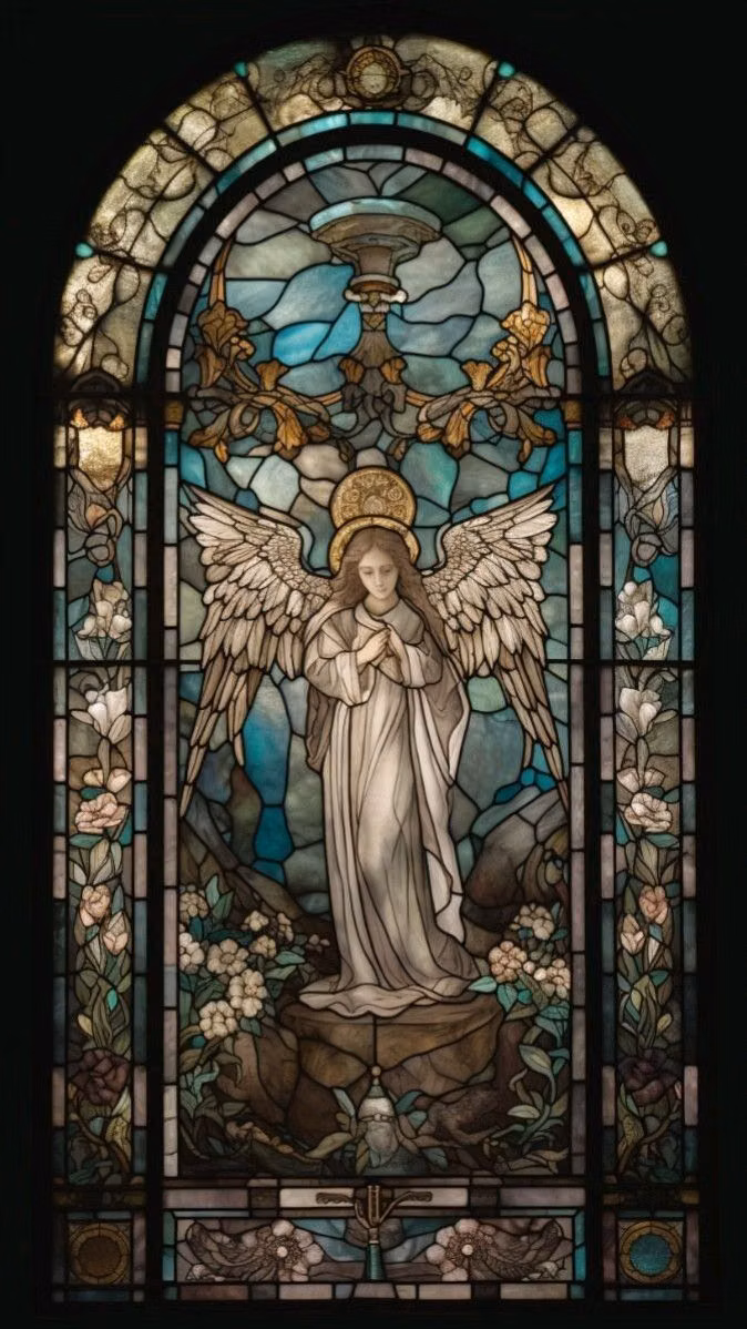 medieval stained glass window detail photograph - A breathtaking stained-glass window depicting an angel in prayer, surrounded by lush floral details and set within an arched frame. The colors are rich and the artistry is exquisite.