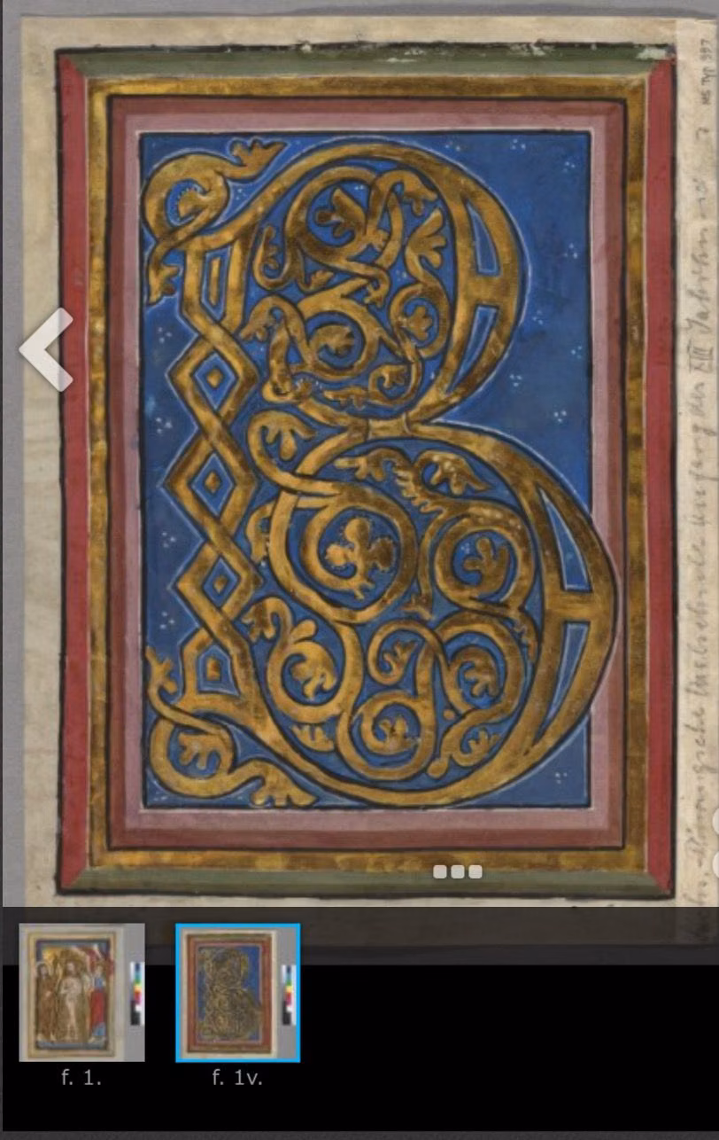 medieval illuminated manuscript gold leaf detail - GOLD Medieval manuscript illumination is perhaps best known for its use of gold grounds. Gold was applied before paint, as its application would have caused damage to the surrounding surfaces. Gold could be applied in liquid form, powdered and suspended in a solution, which produced a somewhat matte appearance, or in the form of gold leaf, which was applied over a mastic such as bole (refined red clay), then burnished to a high sheen. The use of powdered gold became quite common in the elev...