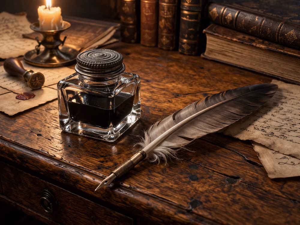 quill pen ink well parchment photograph - 