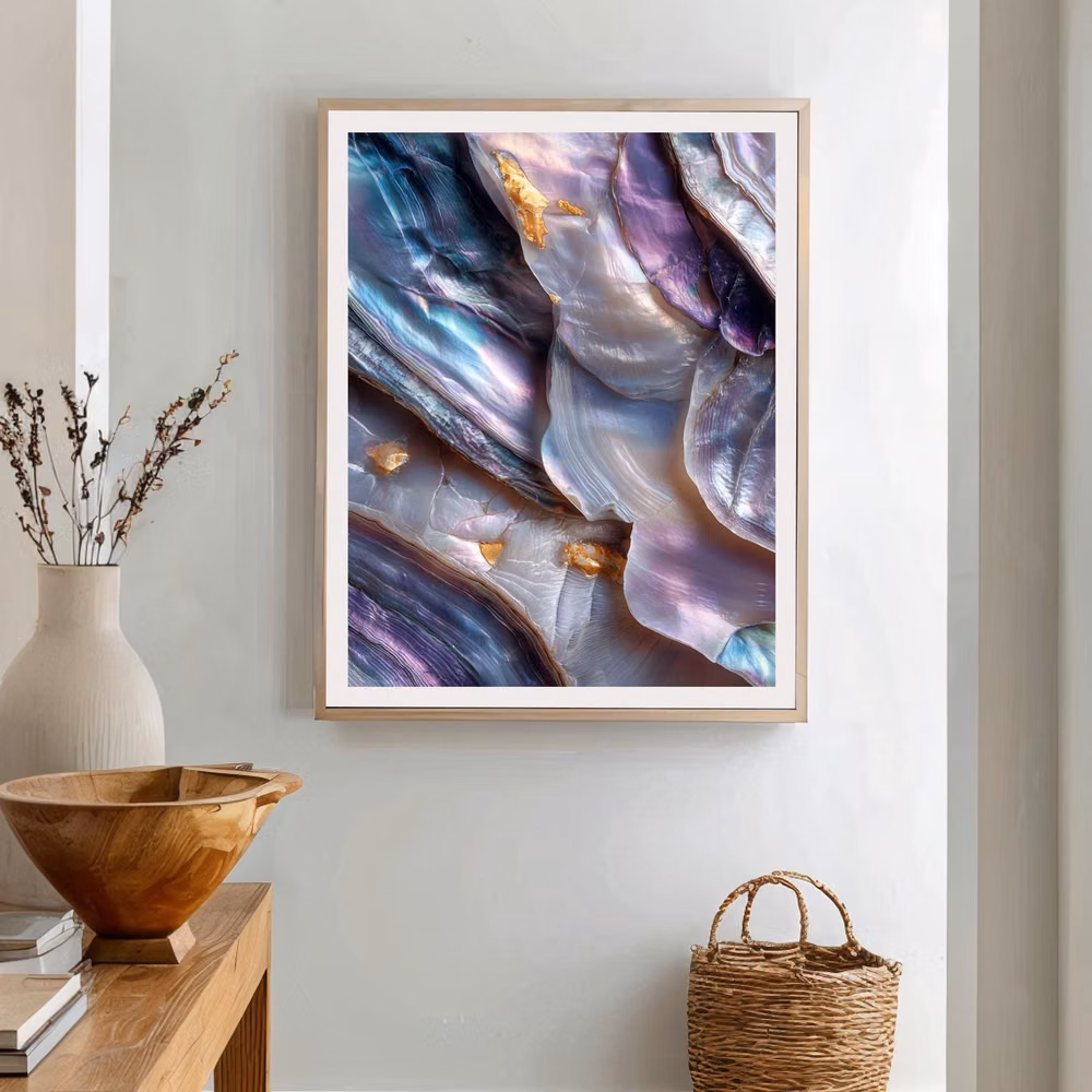 mother of pearl surface macro photograph - Observe the ethereal dance of light across the nacreous surface. This extreme macro photograph captures the sublime intricacies of a mother of pearl shell, revealing flowing layers that shimmer with an iridescent glow. Aqua, lavender, and silver tones intertwine, accented by subtle golden flecks, creating a luminous, hypnotic texture that seems to shift and breathe before your very eyes. The image, born from a vision of Quiet art, invites contemplation, drawing the viewer into a world of delicate beauty and organic complexity. Ultra-detailed macro photography, enhanced by cinematic lighting, transforms the mundane into the magnificent, offering a glimpse into the hidden artistry of nature. This piece is a celebration of texture and light, a testament to the serene elegance found in the sm