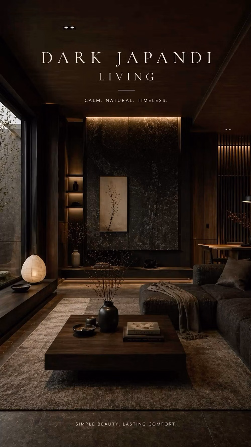 Japanese Minimalism aesthetic - Elevate your space with this stunning dark Japandi living room, where Japanese minimalism meets Scandinavian warmth. Featuring rich wood tones, soft ambient lighting, and a calming, nature-inspired layout, this luxury interior creates a serene and timeless atmosphere. Perfect inspiration for modern homes, cozy minimalist living, and high-end interior styling trends. #JapandiLiving #DarkInterior #MinimalistHome