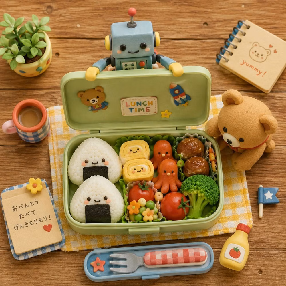 cute character bento lunch photograph - おひるの時間🍙✨ ぱかっと開けたら 小さな幸せがぎゅっとつまってた。 🤖はフタ係 🧸はチェック係👀 たまごやき、おにぎり、タコさんウインナー。 今日のごほうびランチです🍱🌷 こういう何気ない時間が いちばん落ち着くのかもしれない☕️✨