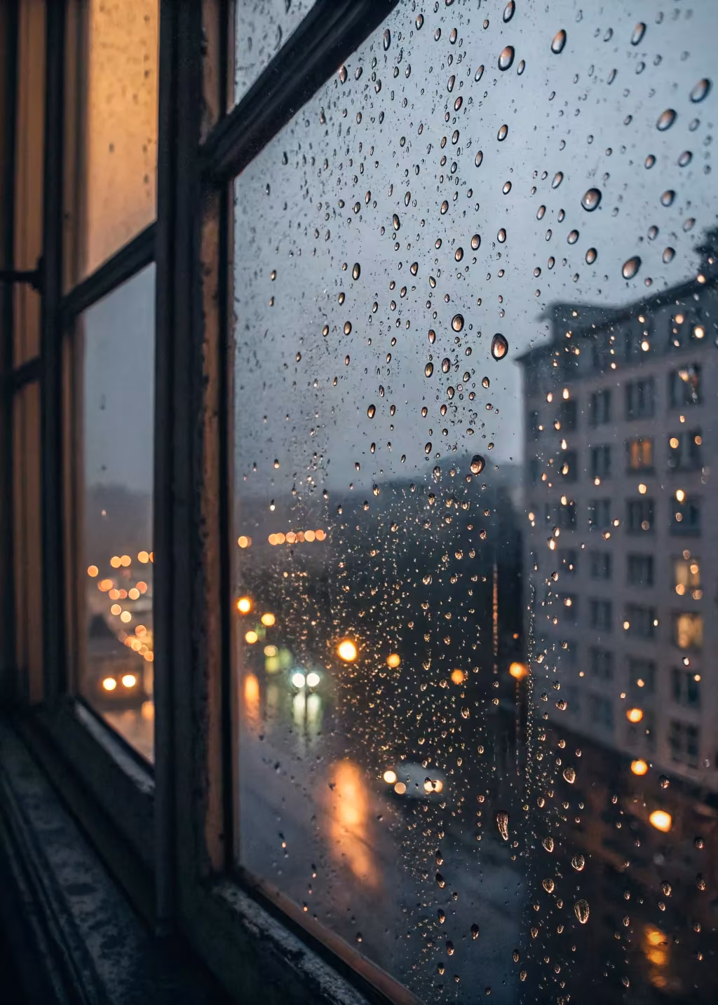 rainy apartment window city night photograph -
