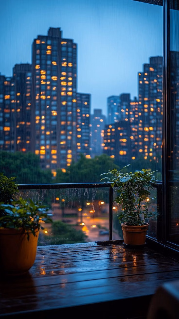 rainy apartment window city night photograph -