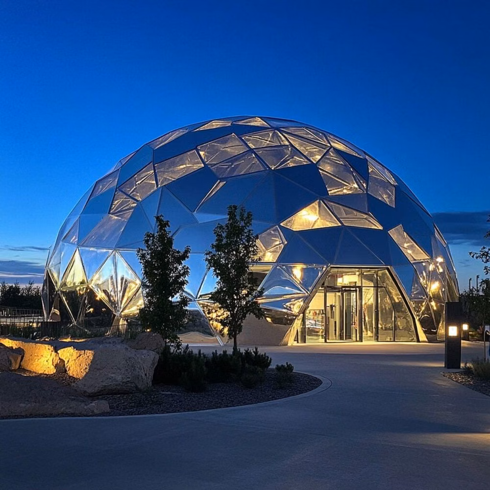 geodesic dome triangular structure photograph - This stunning geodesic dome, clad in reflective titanium panels, embodies modern architectural innovation. Titanium, known for its strength, corrosion resistance, and sleek metallic finish, is an ideal building material for structures that require both durability and visual impact. Perfect for pavilions, event spaces, or museums, this dome’s design merges form and function, creating a captivating landmark that stands resilient in any environment.