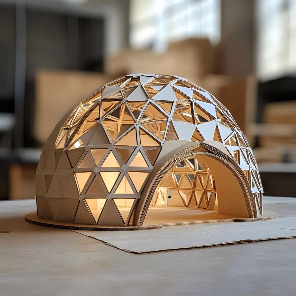 geodesic dome triangular structure photograph - Structural model of a geodesic dome crafted from cardboard, featuring a detailed triangular framework and an open entrance. This building model highlights sustainable design and precise geometry, making it an ideal inspiration for architects, designers, and hobbyists interested in innovative architectural structures.