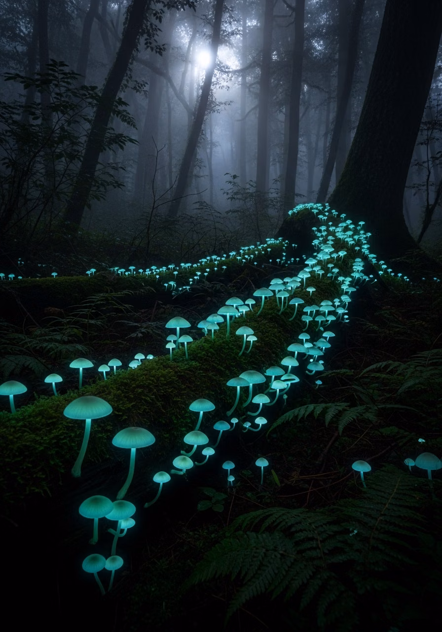 bioluminescent mushrooms forest night photograph - A surreal and enchanting scene unfolds in a dark, misty forest where a fallen log is adorned with a multitude of glowing, teal mushrooms. The ethereal light emanating from the fungi illuminates the mossy surface and casts a soft glow on the surrounding ferns and trees, creating an otherworldly atmosphere. The sunlight filters through the dense canopy, adding to the mystical ambiance. #MagicalForest #Bioluminescence #EnchantingNature