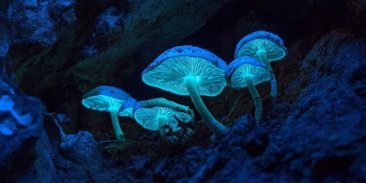 bioluminescent mushrooms forest night photograph - Experience the enchantment of glowing blue mushrooms in this stunning image. These bioluminescent fungi create a magical atmosphere, illuminating dark forest floors with their ethereal glow. Perfect for nature lovers and photography enthusiasts, this captivating scene showcases the beauty of the natural world at night. Discover the wonder of bioluminescence and share the beauty of these unique mushrooms. Ideal for inspiration in decor or art. Tags: "bioluminescent mushrooms", "glowing fungi", "nature photography", "mushroom art", "magical nature"