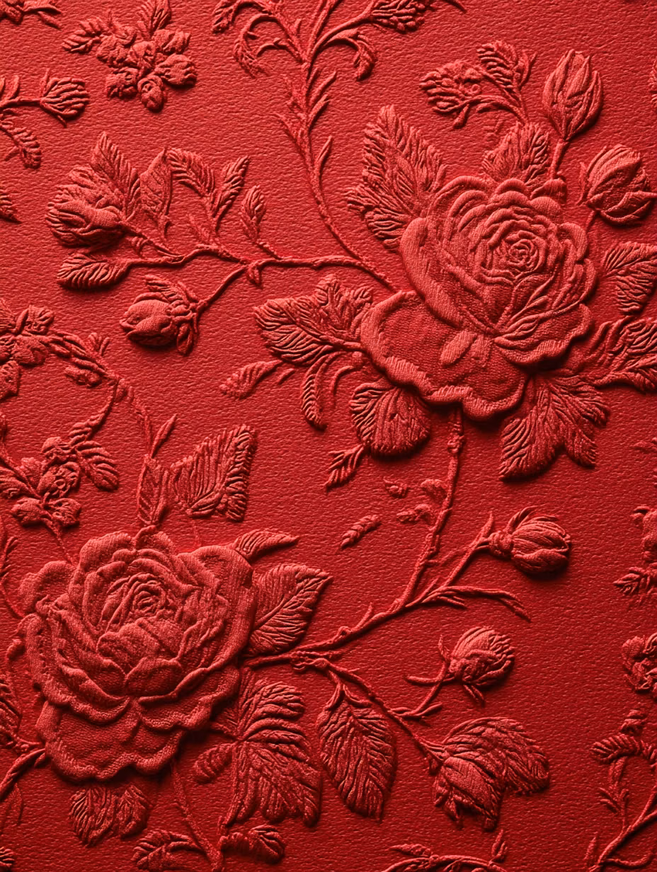 ornate botanical wallpaper pattern close up - red monochrome embossed pattern featuring Chinese roses (rosa chinensis) as the main floral motif, intricate and densely arranged relief of roses, buds, leaves and vines, layered detailed paper embossing, luxurious tone-on-tone design with subtle naturalistic shading, premium specialty paper texture, soft directional natural light creating gentle highlights and deep shadows, romantic and elegant packaging design style, close-up macro photo, no text or branding, highly detailed ornate botanical composition