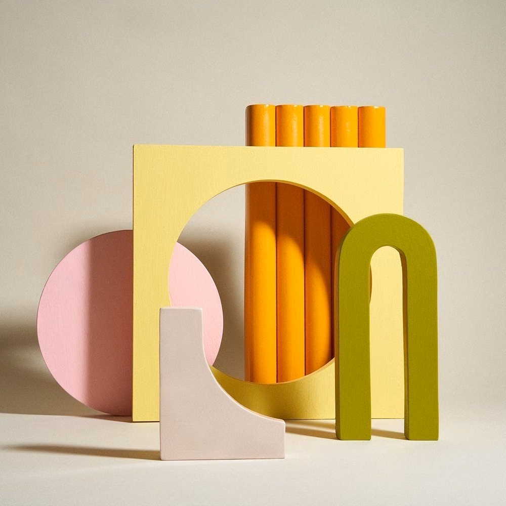 colorful geometric plastic objects studio photograph - 