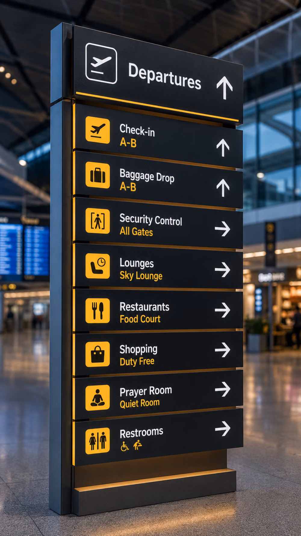 airport wayfinding typography sign photograph - Airport wayfinding signage design ideas crafted with multilingual typography, universal symbols, and efficient navigation systems. These designs improve passenger movement and travel experiences. #AirportDesign #WayfindingSystem #SignageDesign #DesignInspiration