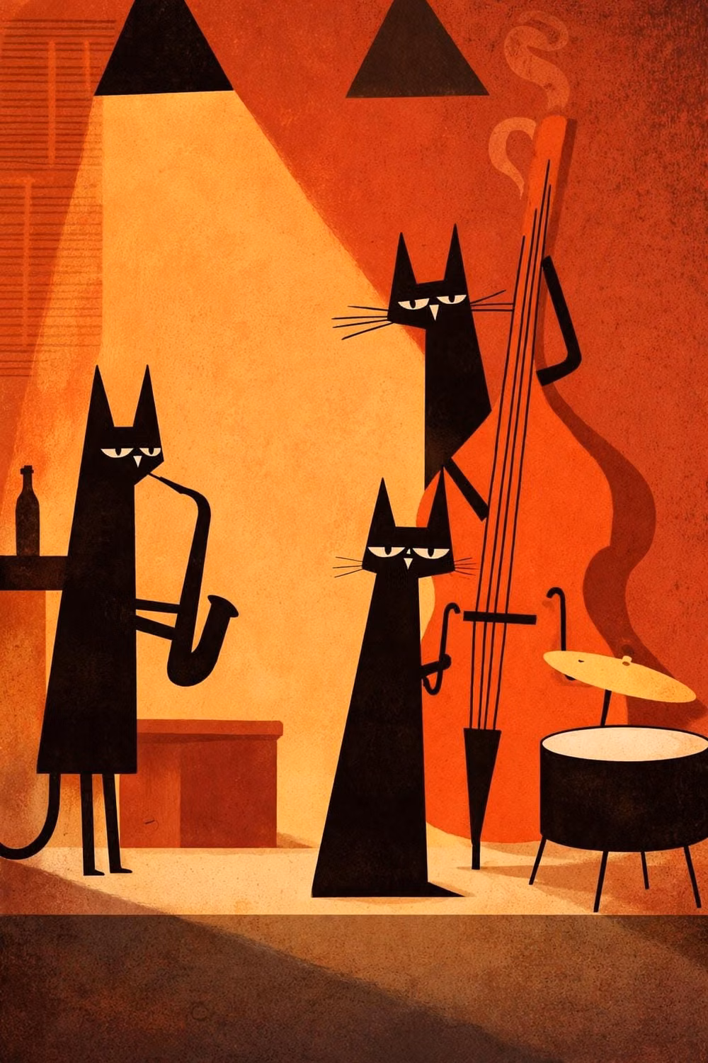 Mid-Century Modern aesthetic - Bring a touch of retro charm to your space with this stunning mid-century modern cat jazz wall art. Featuring three stylish black cats playing jazz instruments, this minimalist illustration captures a warm vintage vibe with rich orange, burnt red, and beige tones--perfect for creating a cozy and artistic atmosphere. Designed in a timeless 1950s retro style, this artwork blends geometric shapes, clean lines, and soft textured details, making it an ideal choice for modern, boho, or vintage-inspired interiors. Whether you're decorating your living room, bedroom, café, or workspace, this unique print adds personality and elegance to any wall. This artwork works beautifully as a framed poster, canvas print, or digital download, making it a versatile option for home decor or gifting. ✨ Perfect F