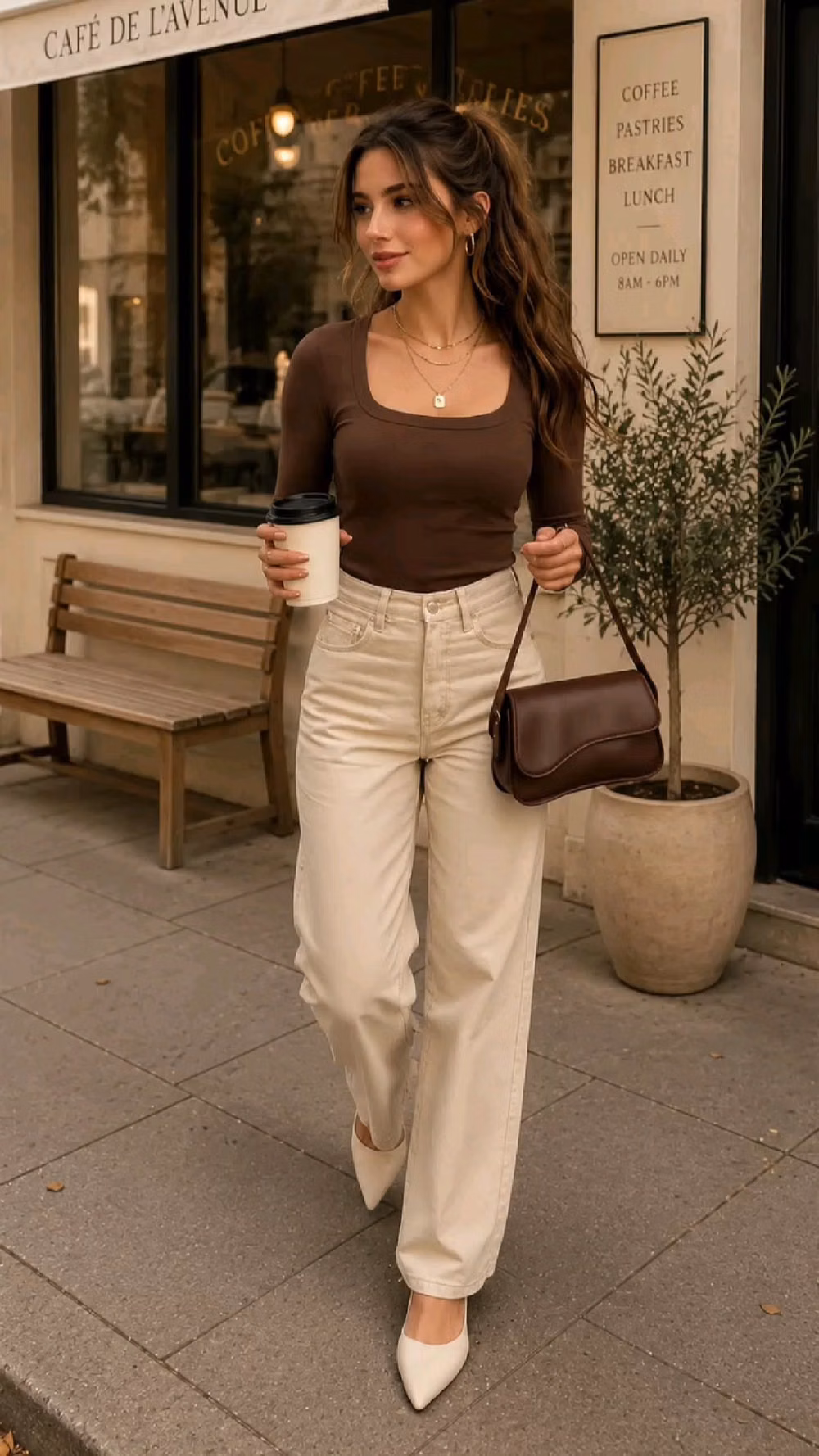 Millennial Beige aesthetic - Discover the elegance of a Minimal Beige Coffee Shop Exterior aesthetic paired with timeless neutral fashion. Featuring a sophisticated brown top, cream trousers, and luxe accessories, this effortlessly chic look is perfect for coffee dates, city strolls, and everyday style inspiration. Shop this trendy outfit now and elevate your wardrobe with modern minimalist fashion! #neutralstyle #coffeeshopaesthetic #quietluxury
