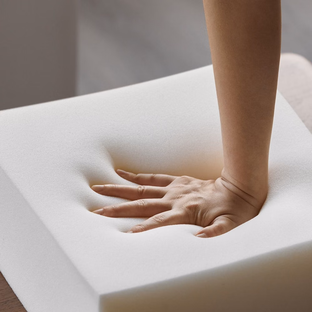 soft memory foam indentation close up photograph - Most sofas look good.
But what’s inside really matters.

At Loft Home, we don’t believe in shortcuts.
What you don’t see is exactly where we invest the most.

✨ Real premium down filling: soft, breathable, no fake blends
✨ High-resilience foam: supportive, bouncy, and made to last
✨ Imported Russian solid pine wood frame: strong, stable, reliable
✨ Thick manganese steel serpentine springs + webbing: for even support and better durability
✨ Hand adjusted by experienced craftsmen, fine tuning t...
