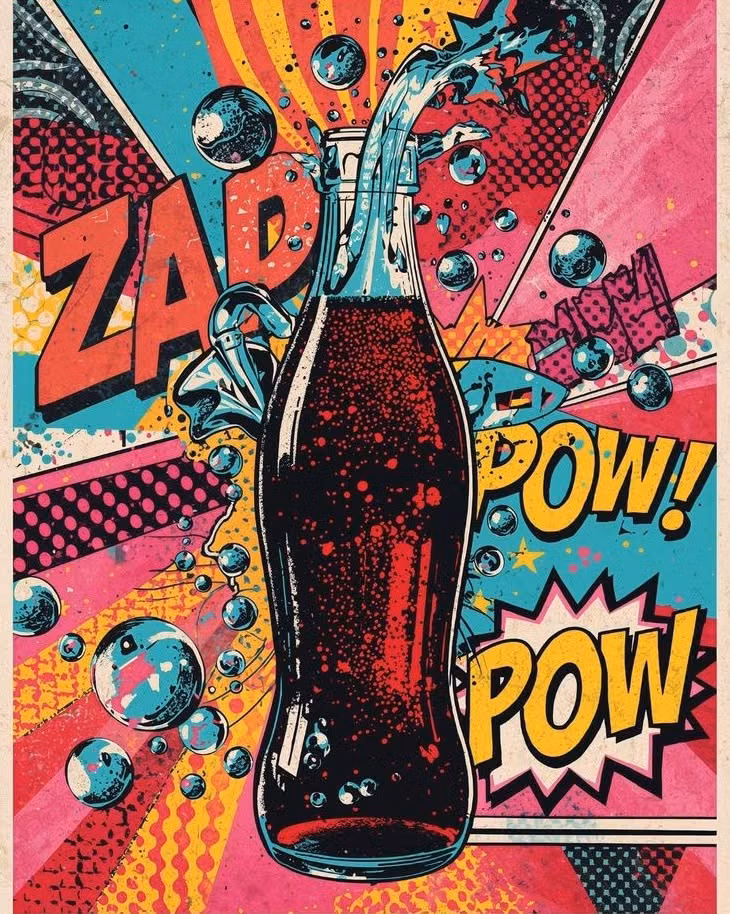 Pop Art aesthetic - Etsy Digital Downloads Art Print - Bring a burst of retro energy into your space with this vibrant vintage soda pop art poster! Designed in bold comic-book style, this artwork features a dynamic cola bottle exploding with color, bubbles and movement -- perfect for adding fun and personality to any wall. This digital print is ideal for kitchens, game rooms, bars, studios, cafés, or any modern interior that loves a playful vintage twist. Instant access, high-quality file, ready to print at home or via your favorite print shop. Digital Download Only - No physical item will be shipped. Perfect gift idea for pop art lovers, retro d