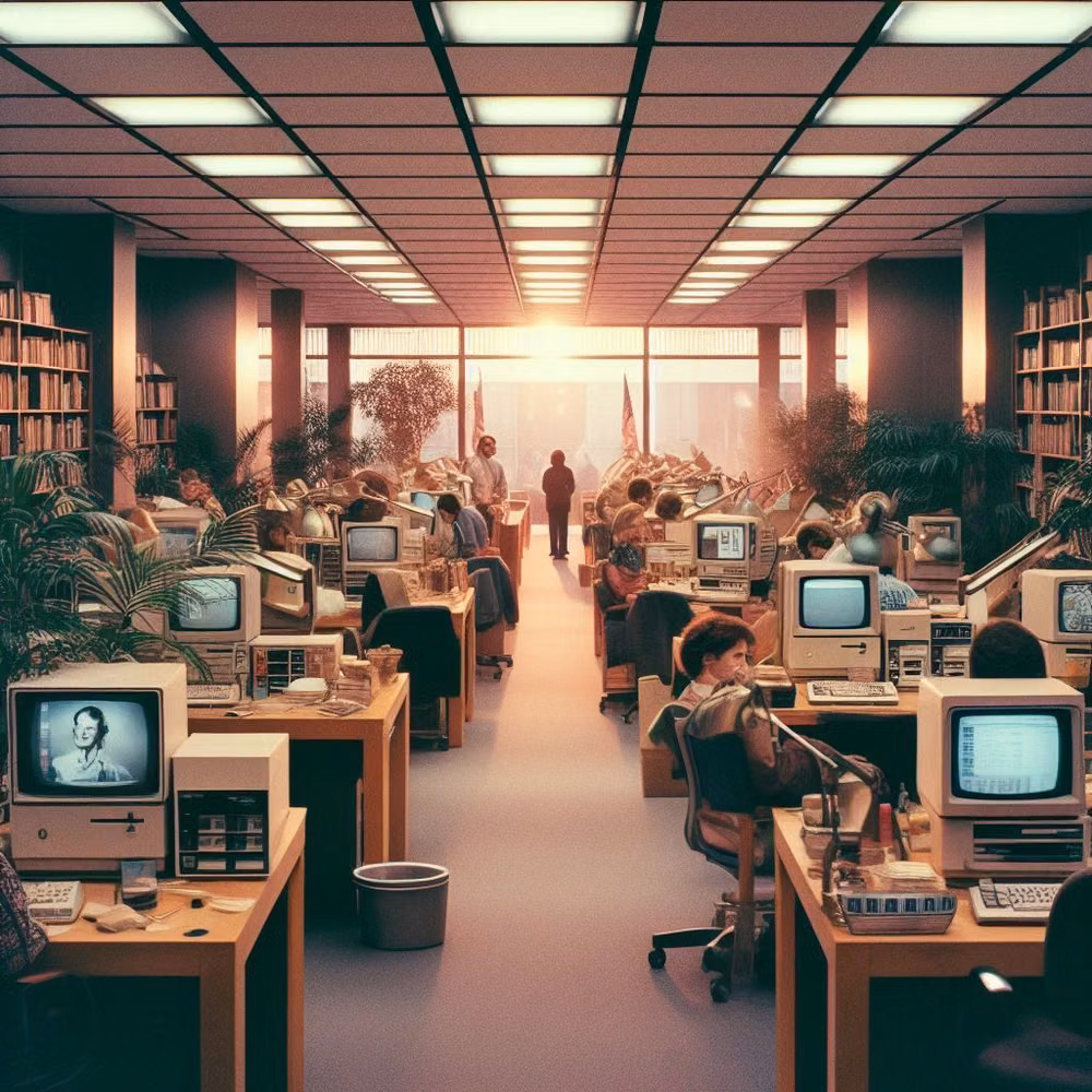 1980s beige CRT desktop computer museum photograph - 35mm photo of Apple's inc office, 80s photo vibes, 1980s photo made inside if apple's office
