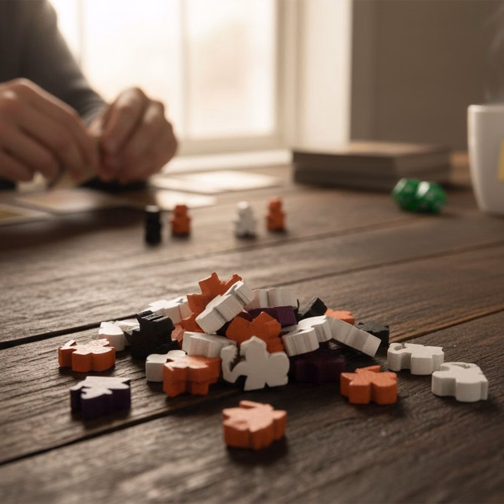 polyhedral tabletop dice wooden table photograph - Bring your tavern to life with WaterDeeples! 🍻
Each set features beautifully cut wooden meeples ready to represent your guild with pride. Add them to your next game night and rule Waterdeep with flair.
