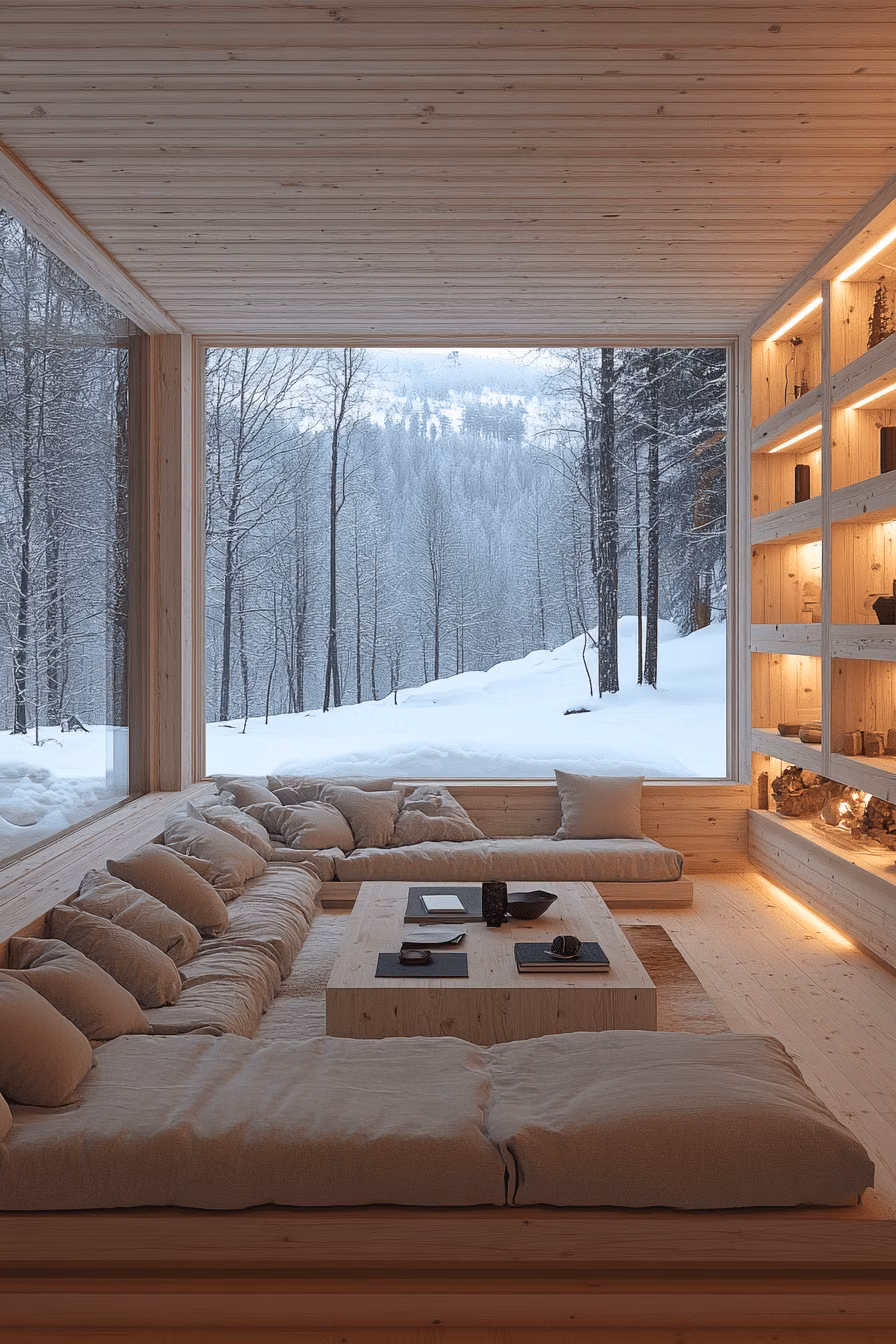 daylit Nordic timber cabin interior photograph - 29 Winter Cabin Interior Ideas That Capture The Essence Of Winter - Courtneys World