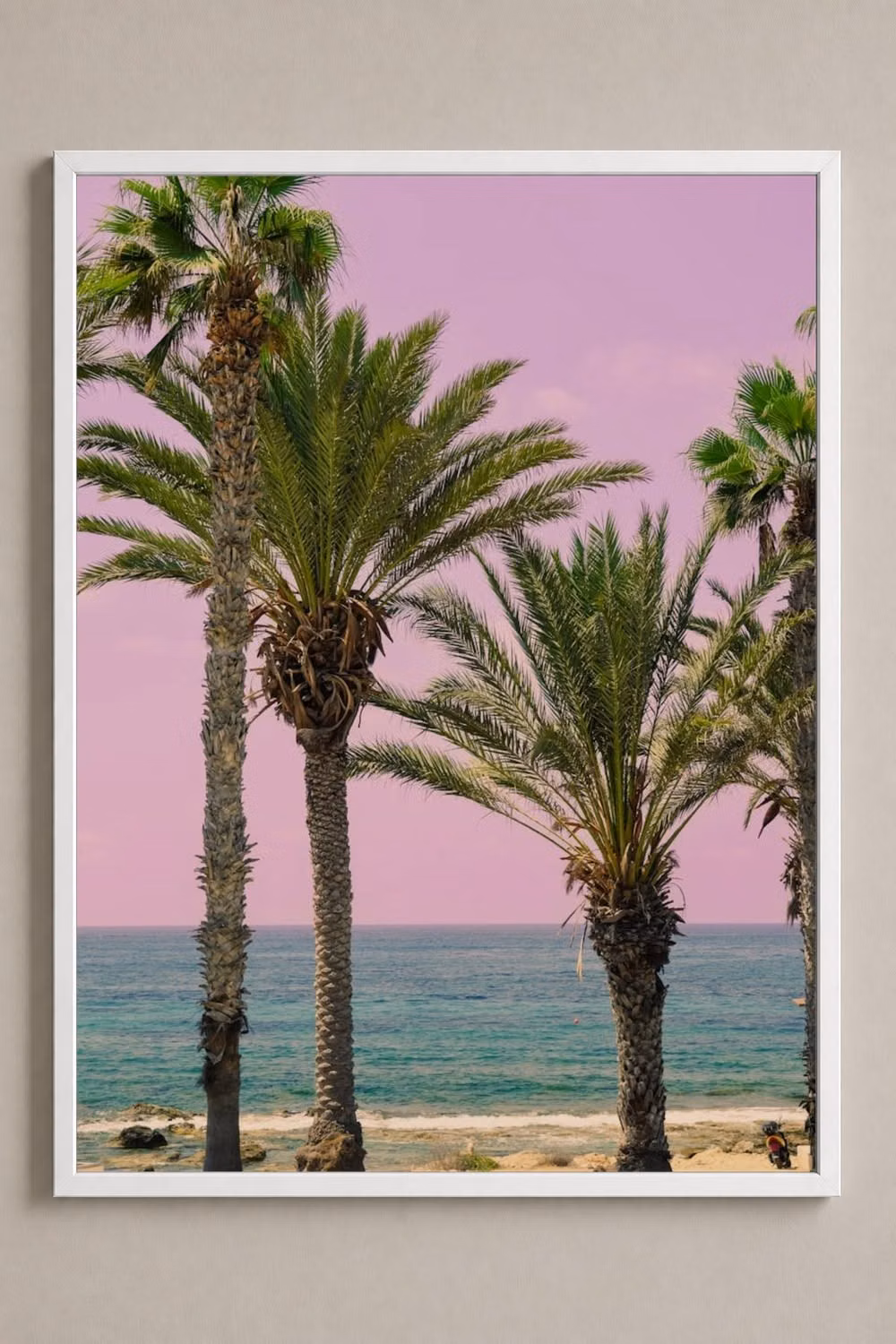 tropical palm against turquoise sky photograph - Tall palm trees sway gracefully against a vibrant fuchsia sky, overlooking the tranquil turquoise waters of a distant sea. This photograph transports you to an idyllic, tropical paradise, evoking ultimate relaxation and the serene beauty of a sunset by the shore.