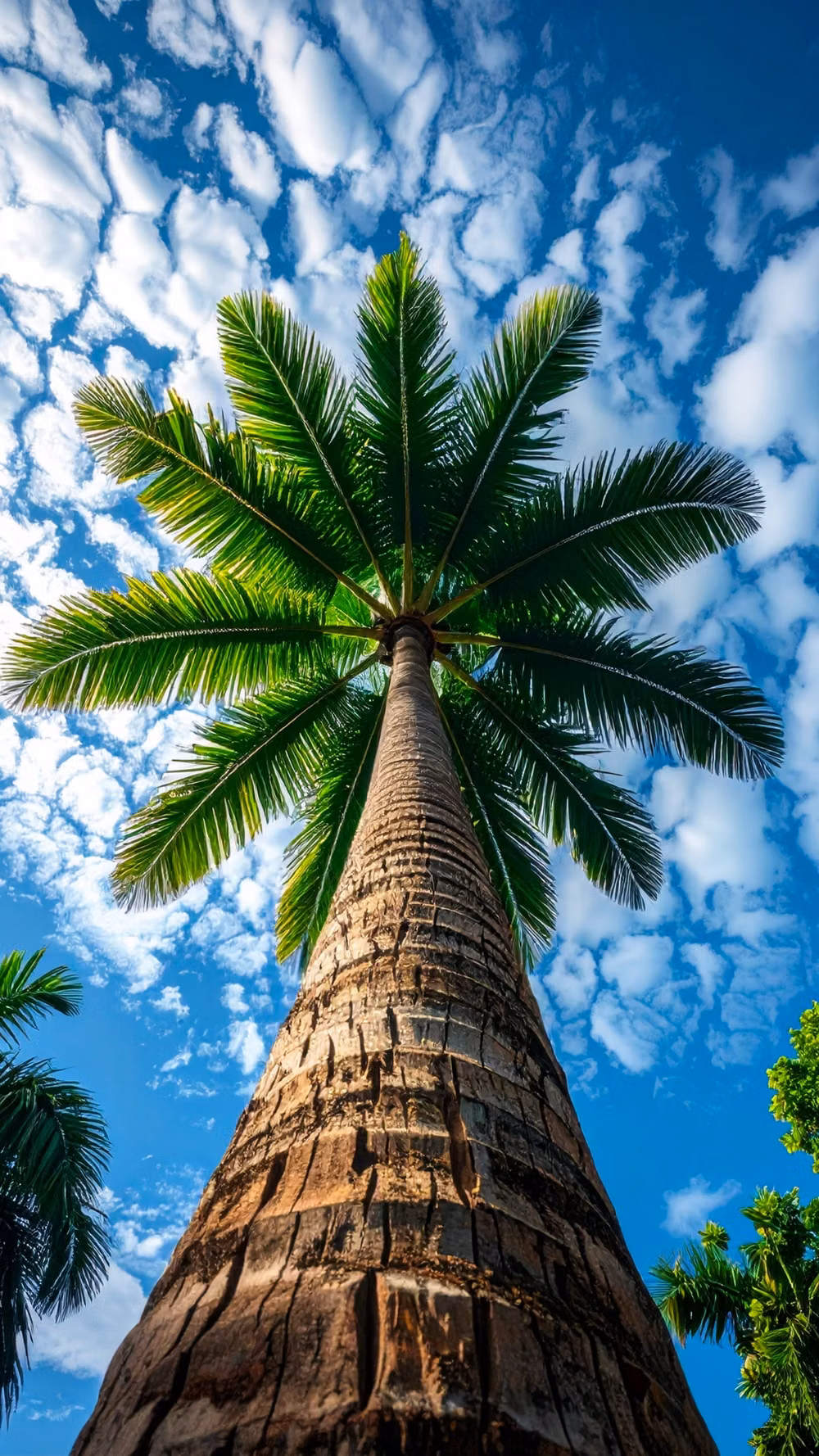 tropical palm against turquoise sky photograph - A breathtaking upward view of a towering tropical palm tree framed by vibrant green fronds and a brilliant blue sky filled with soft, textured clouds, capturing the beauty and serenity of nature.