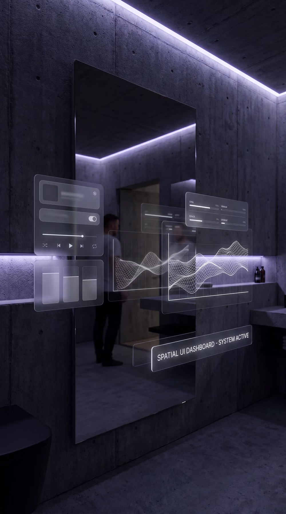 Spatial UI aesthetic - Интерфейс интегрированный в интерьер. Футуристичная ванная комната из темного бетона. На огромном смарт-зеркале отображается минималистичный пространственный UI: погода, аналитика и расписание в виде светящихся тонких белых линий и матового стекла. 🪞 Эстетика умного дома будущего! #spatialui #smartmirror #interfacedesign #darkaesthetic #dashboard #visionos