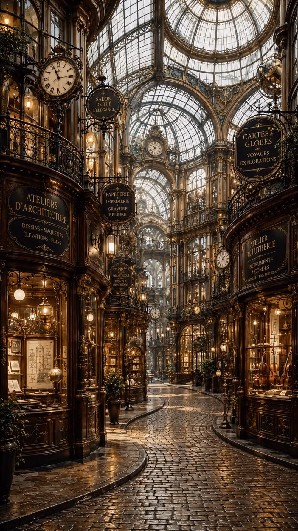 Steampunk aesthetic - Beneath a soaring glass-and-iron dome, a gently curving cobblestone lane winds through an enclosed arcade of dark wood storefronts, brass railings, carved balconies, and softly glowing lamps. Antique clocks hang above shop windows filled with architectural drawings, globes, books, instruments, and curious handmade treasures, giving the passage the feeling of a forgotten city street preserved beneath a grand station roof. Warm light glimmers across the stone path and polished wood, while bridges and upper galleries disappear into the distance, making the whole place feel wonderfully intricate, secretive, and alive with old-world imagination. Enjoy! 🕰️🏛️✨📚🗺️